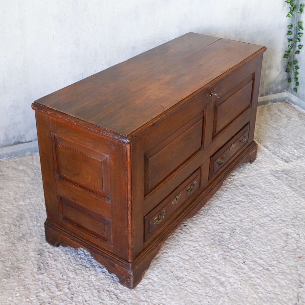 An 18th-century pine mule chest with two raised front panels, two lower drawers, and original brass hardware on a bracket base. View VIII