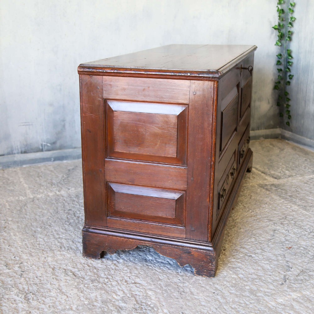An 18th-century pine mule chest with two raised front panels, two lower drawers, and original brass hardware on a bracket base. View X
