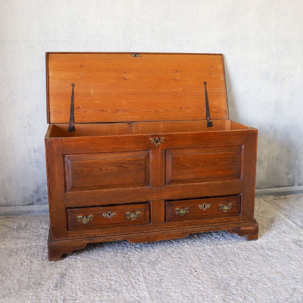 An 18th-century pine mule chest with two raised front panels, two lower drawers, and original brass hardware on a bracket base. View XI