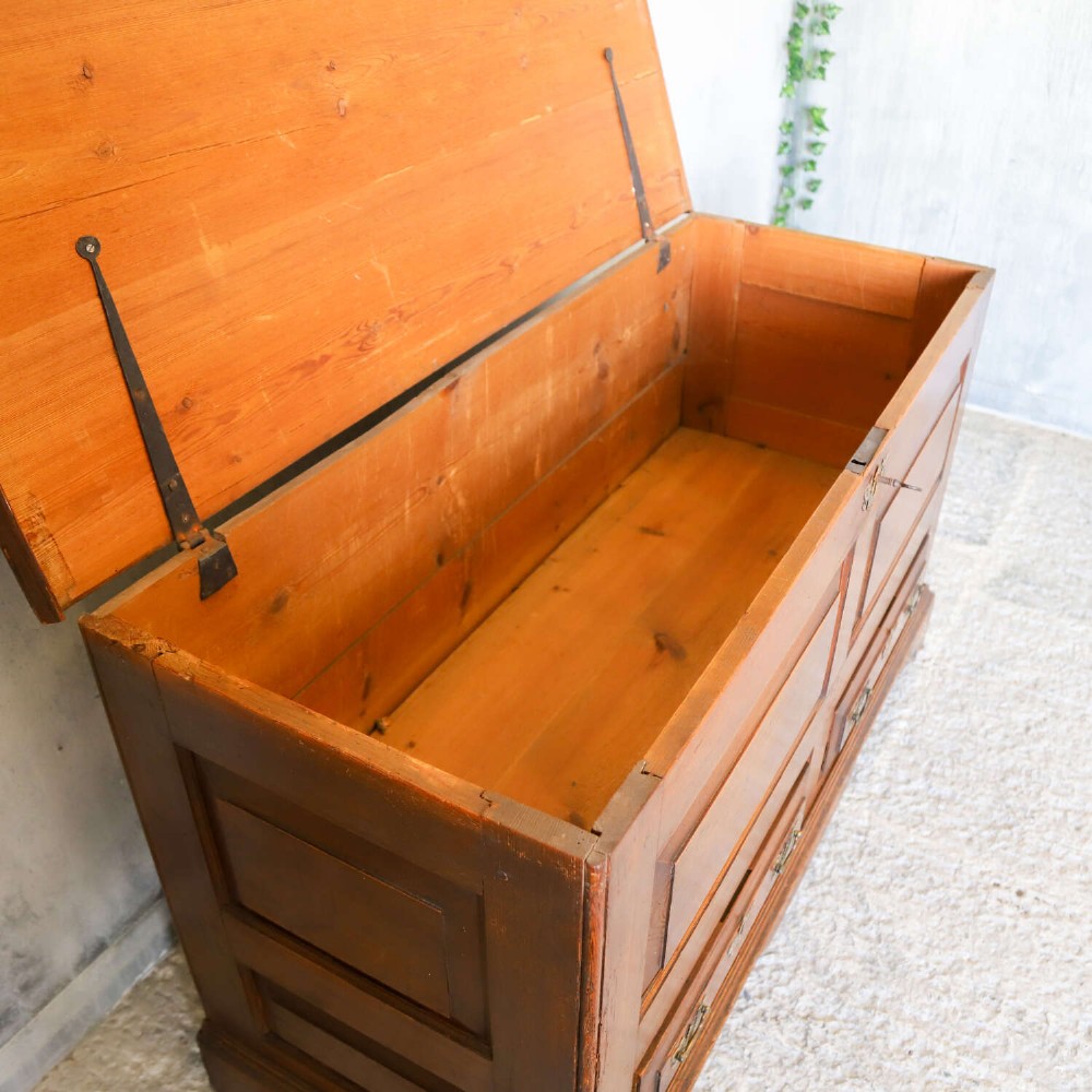 An 18th-century pine mule chest with two raised front panels, two lower drawers, and original brass hardware on a bracket base. View XII