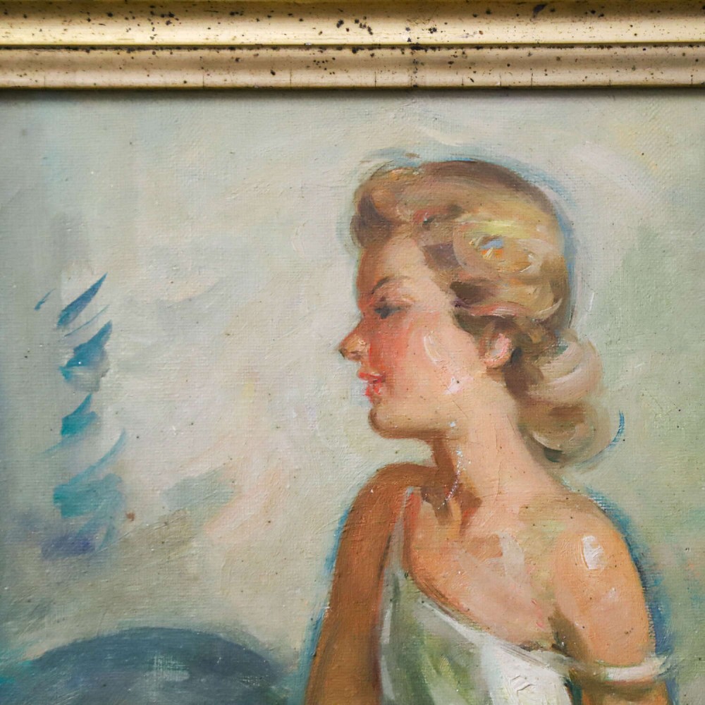 A mid-20th-century oil painting depicting a seated ballerina in a white tutu, housed within a distressed gold gilt wooden frame. View II