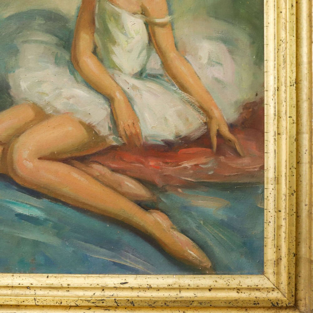 A mid-20th-century oil painting depicting a seated ballerina in a white tutu, housed within a distressed gold gilt wooden frame. View III