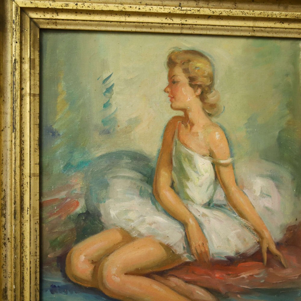 A mid-20th-century oil painting depicting a seated ballerina in a white tutu, housed within a distressed gold gilt wooden frame. View IV