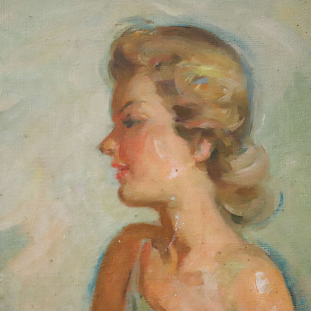 A mid-20th-century oil painting depicting a seated ballerina in a white tutu, housed within a distressed gold gilt wooden frame. View V