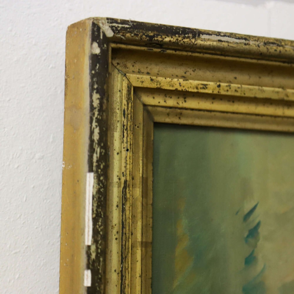A mid-20th-century oil painting depicting a seated ballerina in a white tutu, housed within a distressed gold gilt wooden frame. View VI
