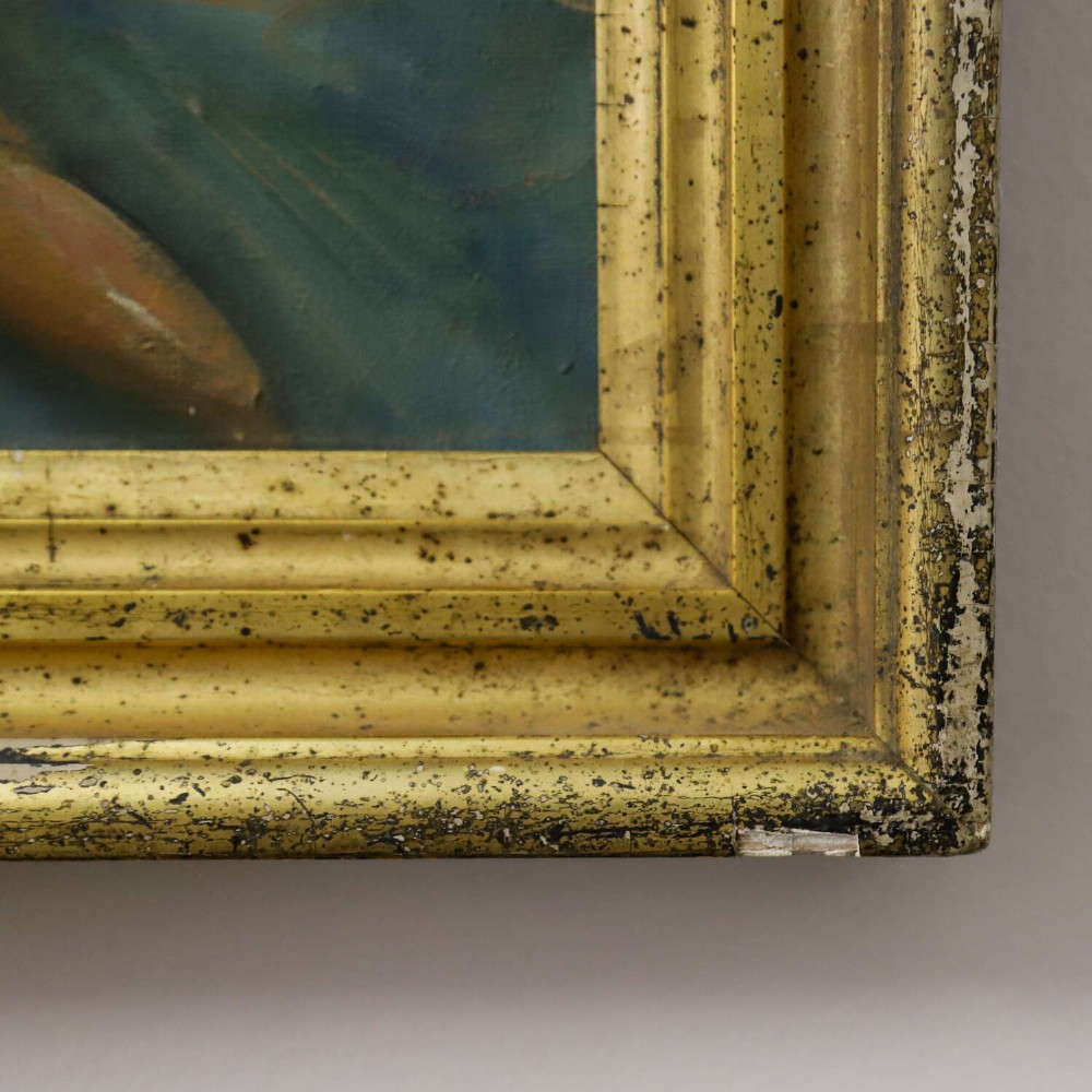 A mid-20th-century oil painting depicting a seated ballerina in a white tutu, housed within a distressed gold gilt wooden frame. View VII