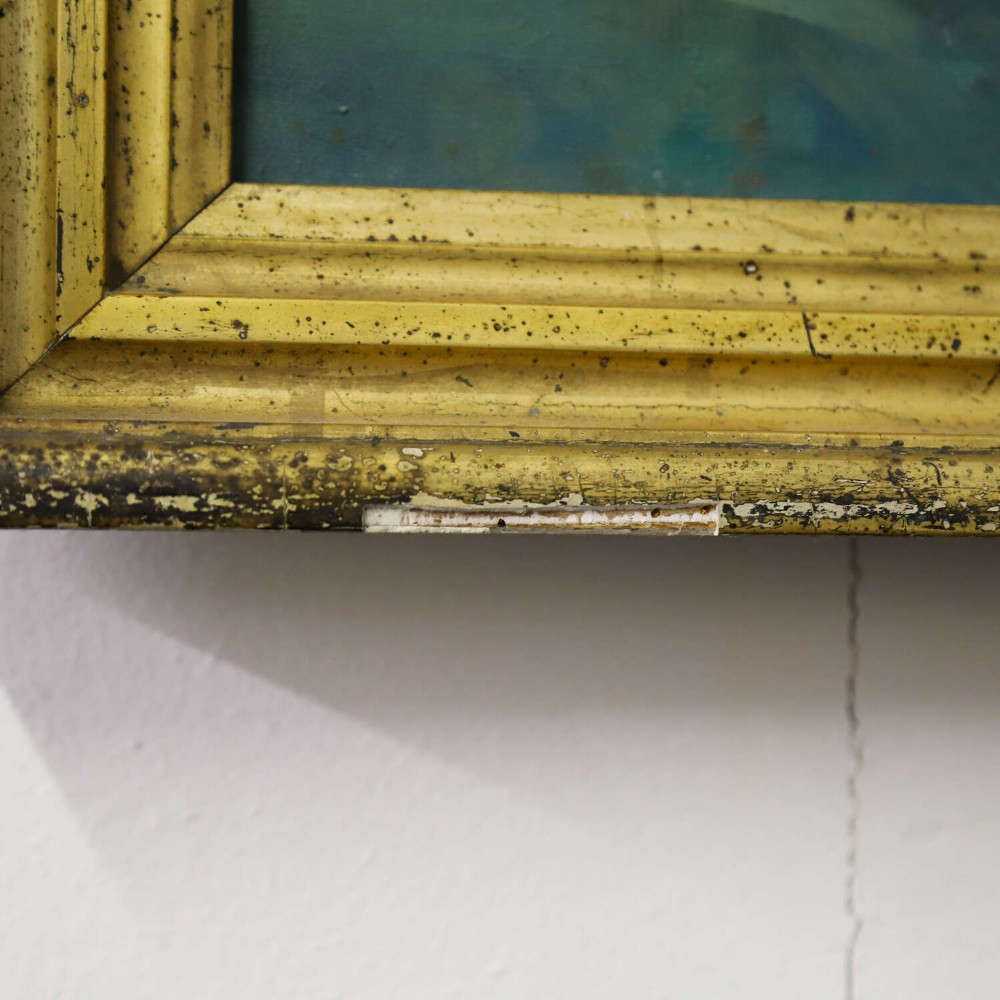 A mid-20th-century oil painting depicting a seated ballerina in a white tutu, housed within a distressed gold gilt wooden frame. View VIII
