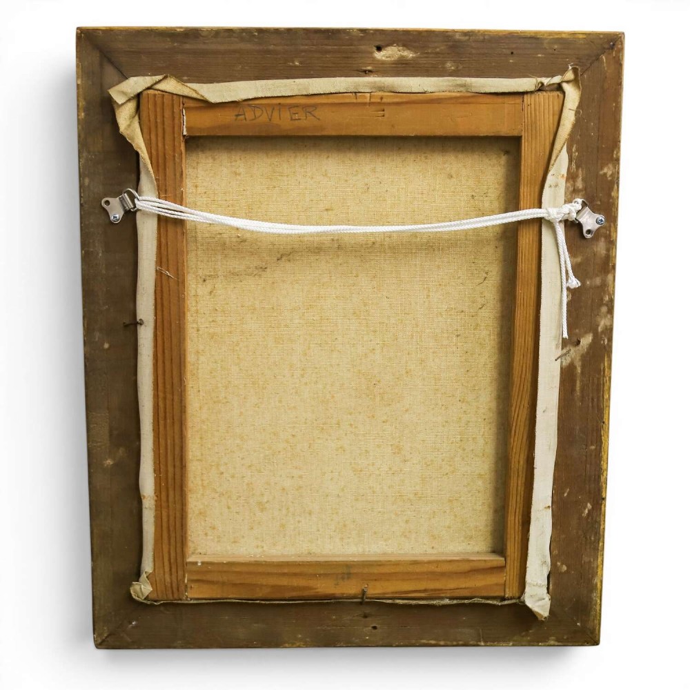 A mid-20th-century oil painting depicting a seated ballerina in a white tutu, housed within a distressed gold gilt wooden frame. View IX