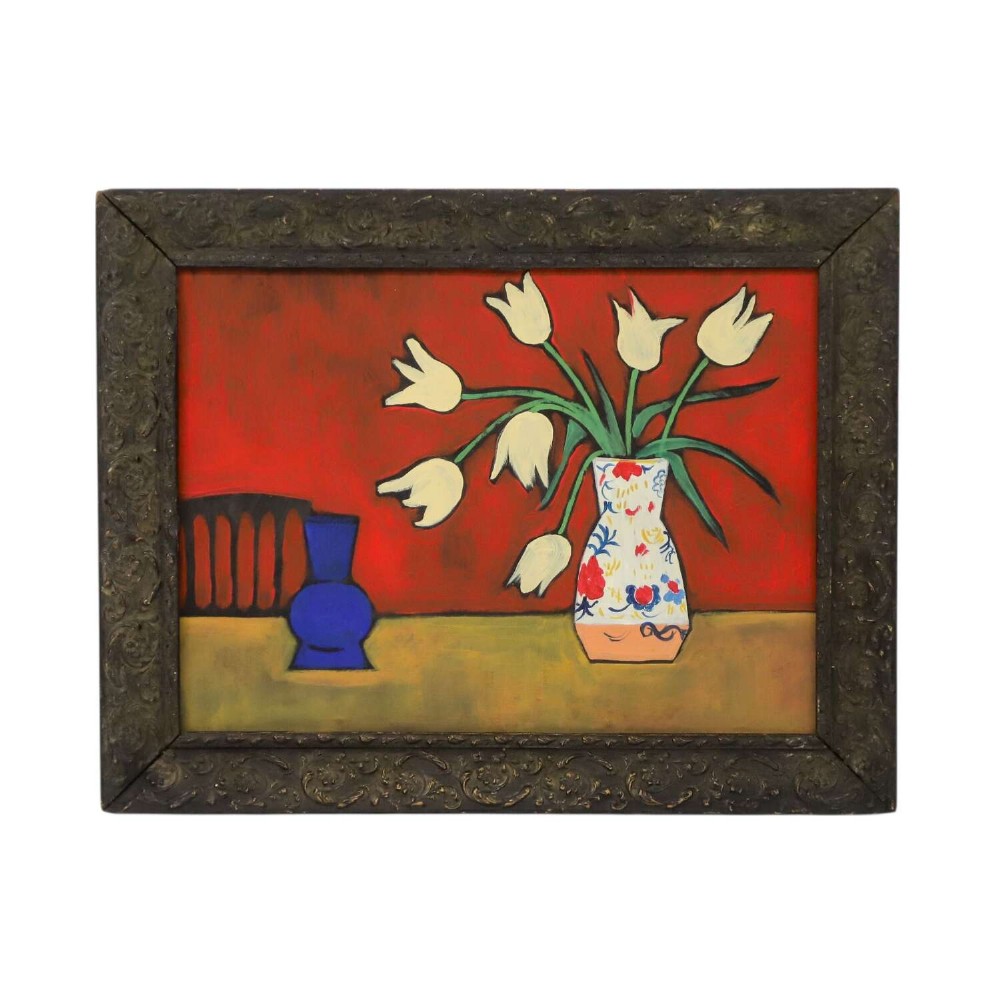 A 1930s Swedish still life oil painting depicting white tulips in a patterned ceramic vase next to a blue jug on a red background, set inside a carved dark wooden frame.