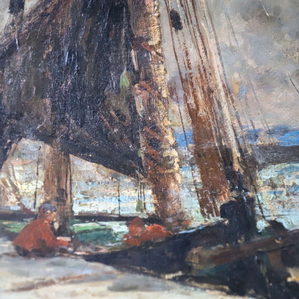 A 19th-century framed oil painting on canvas depicting sailboats moored along a harbour quay under a cloudy sky. View III
