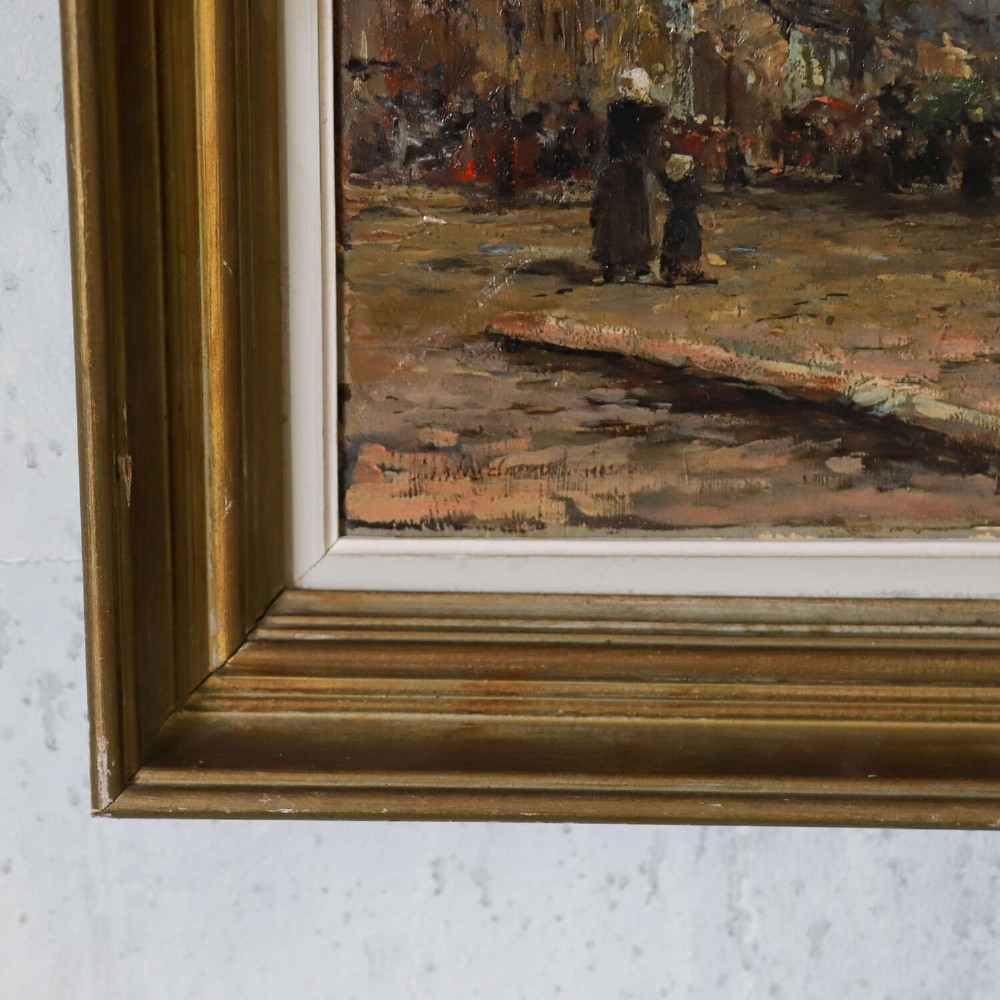 A 19th-century framed oil painting on canvas depicting sailboats moored along a harbour quay under a cloudy sky. View V