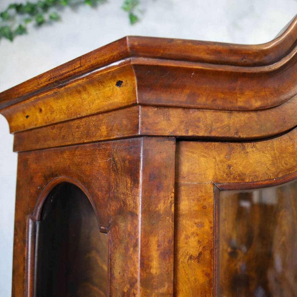 A Dutch walnut-veneered glazed cabinet featuring an arched top, glass paned upper doors, a shaped lower drawer section, and cabriole legs with claw and ball feet. View XIV