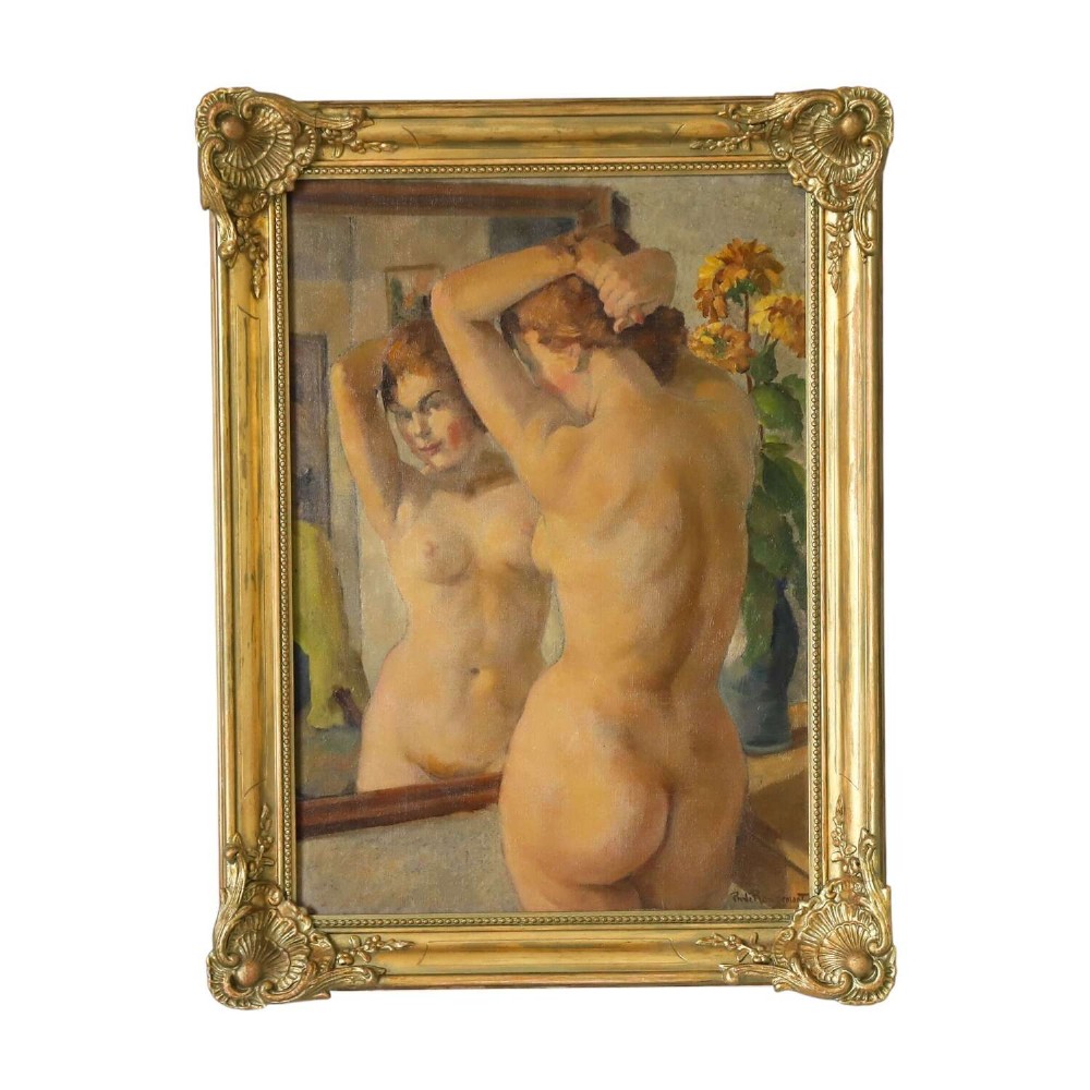 An oil painting on canvas depicting a female nude positioned before a mirror, presented inside an ornate gilded frame.