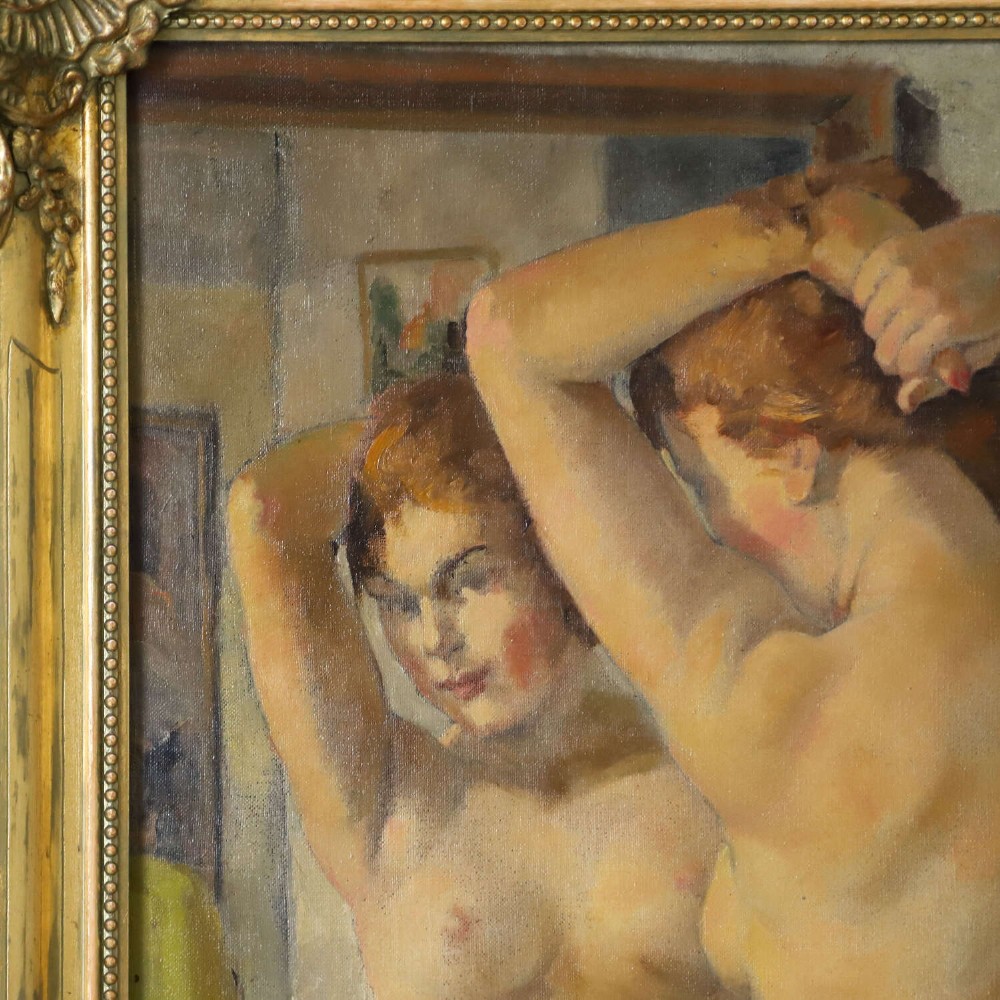 An oil painting on canvas depicting a female nude positioned before a mirror, presented inside an ornate gilded frame. View III