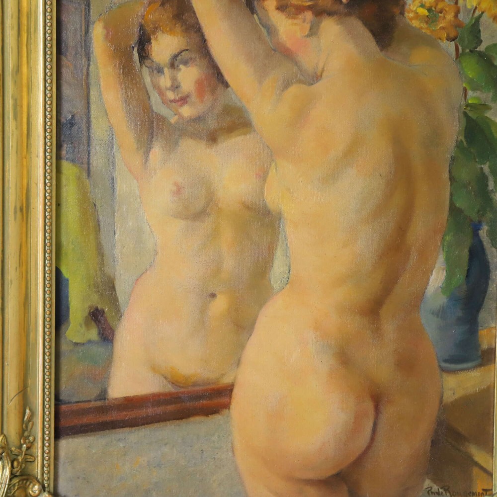 An oil painting on canvas depicting a female nude positioned before a mirror, presented inside an ornate gilded frame. View IV