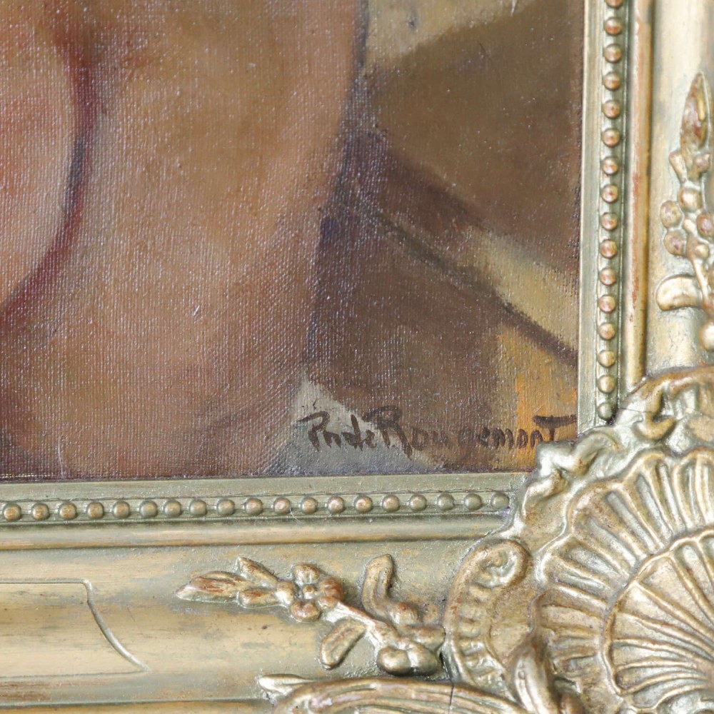 An oil painting on canvas depicting a female nude positioned before a mirror, presented inside an ornate gilded frame. View V