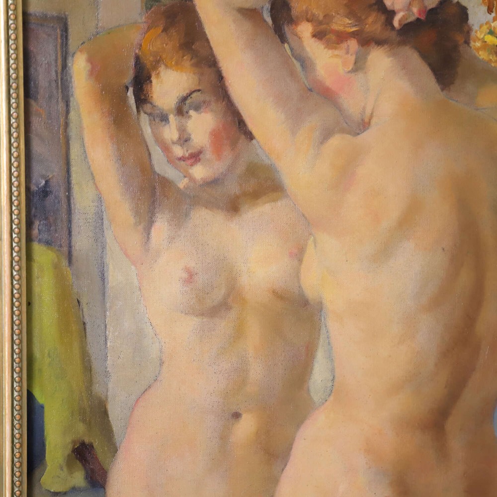 An oil painting on canvas depicting a female nude positioned before a mirror, presented inside an ornate gilded frame. View VI