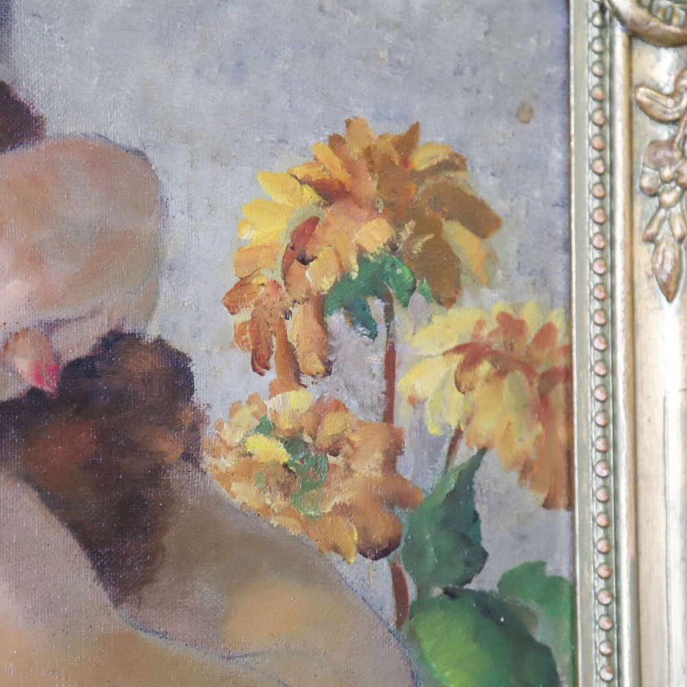An oil painting on canvas depicting a female nude positioned before a mirror, presented inside an ornate gilded frame. View IX
