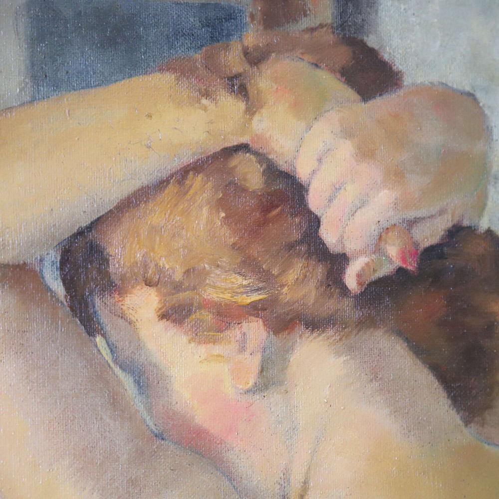 An oil painting on canvas depicting a female nude positioned before a mirror, presented inside an ornate gilded frame. View X