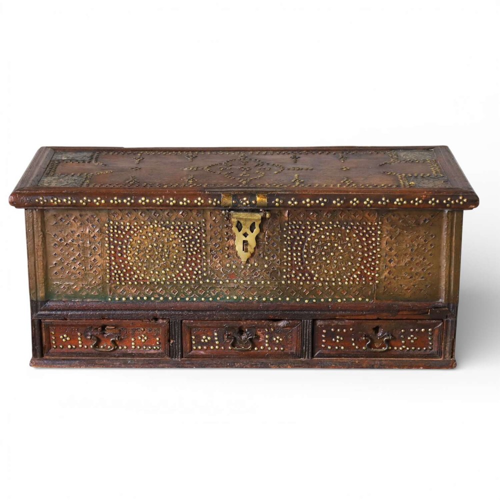 Antique Zanzibar Chest with Brass Studwork, Drawers & Candle Box – 19th Century Teak