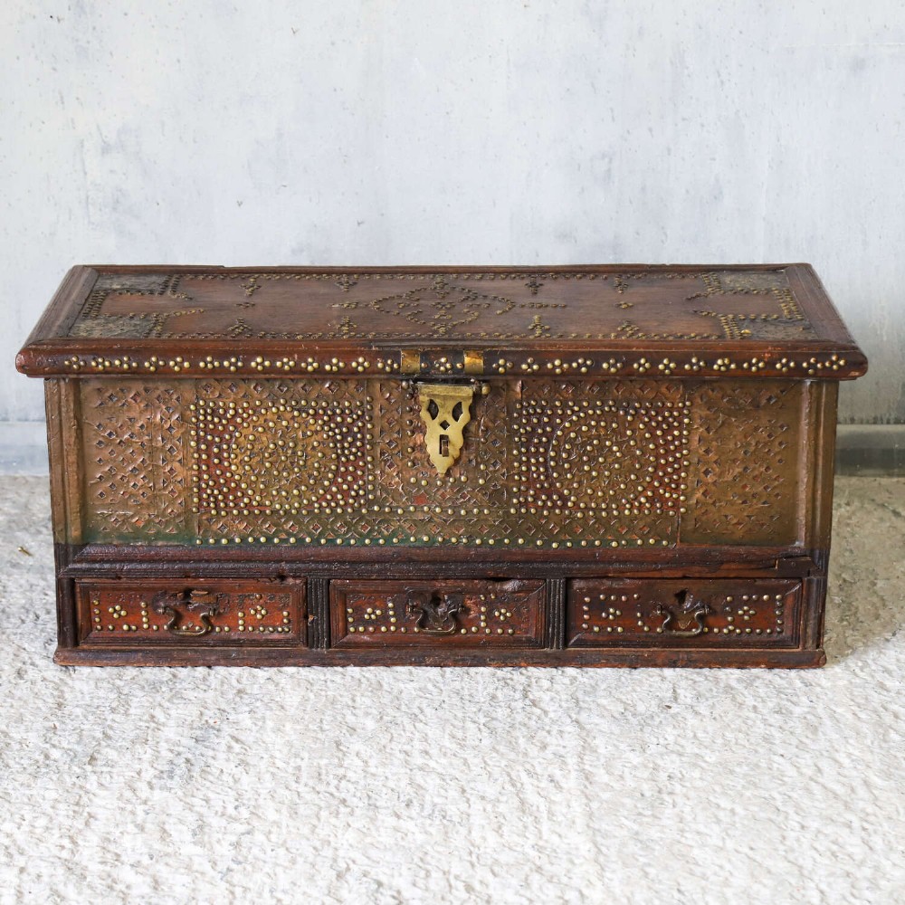 Antique Zanzibar Chest with Brass Studwork, Drawers & Candle Box – 19th Century Teak View II