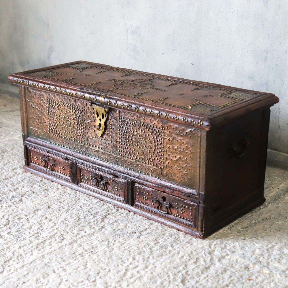 Antique Zanzibar Chest with Brass Studwork, Drawers & Candle Box – 19th Century Teak View III