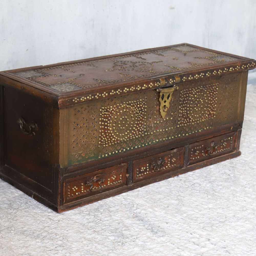Antique Zanzibar Chest with Brass Studwork, Drawers & Candle Box – 19th Century Teak View IV