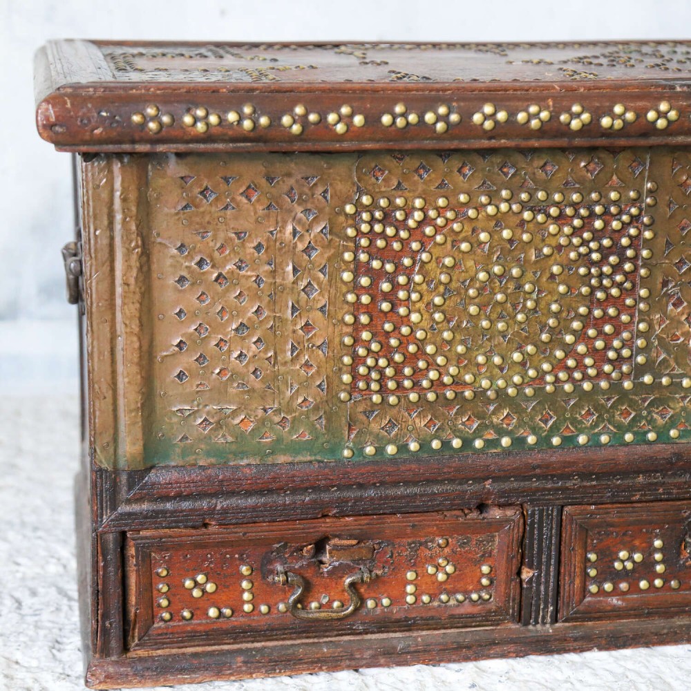 Antique Zanzibar Chest with Brass Studwork, Drawers & Candle Box – 19th Century Teak View V