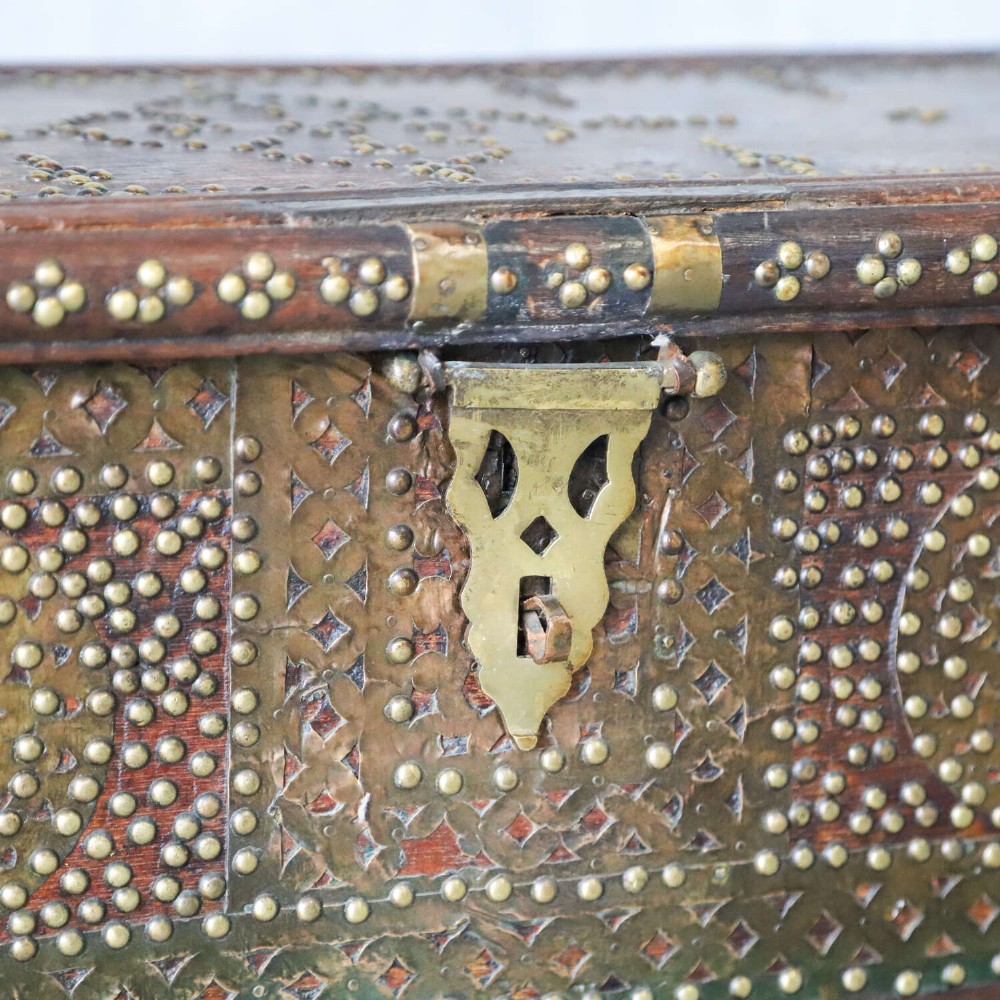 Antique Zanzibar Chest with Brass Studwork, Drawers & Candle Box – 19th Century Teak View VI