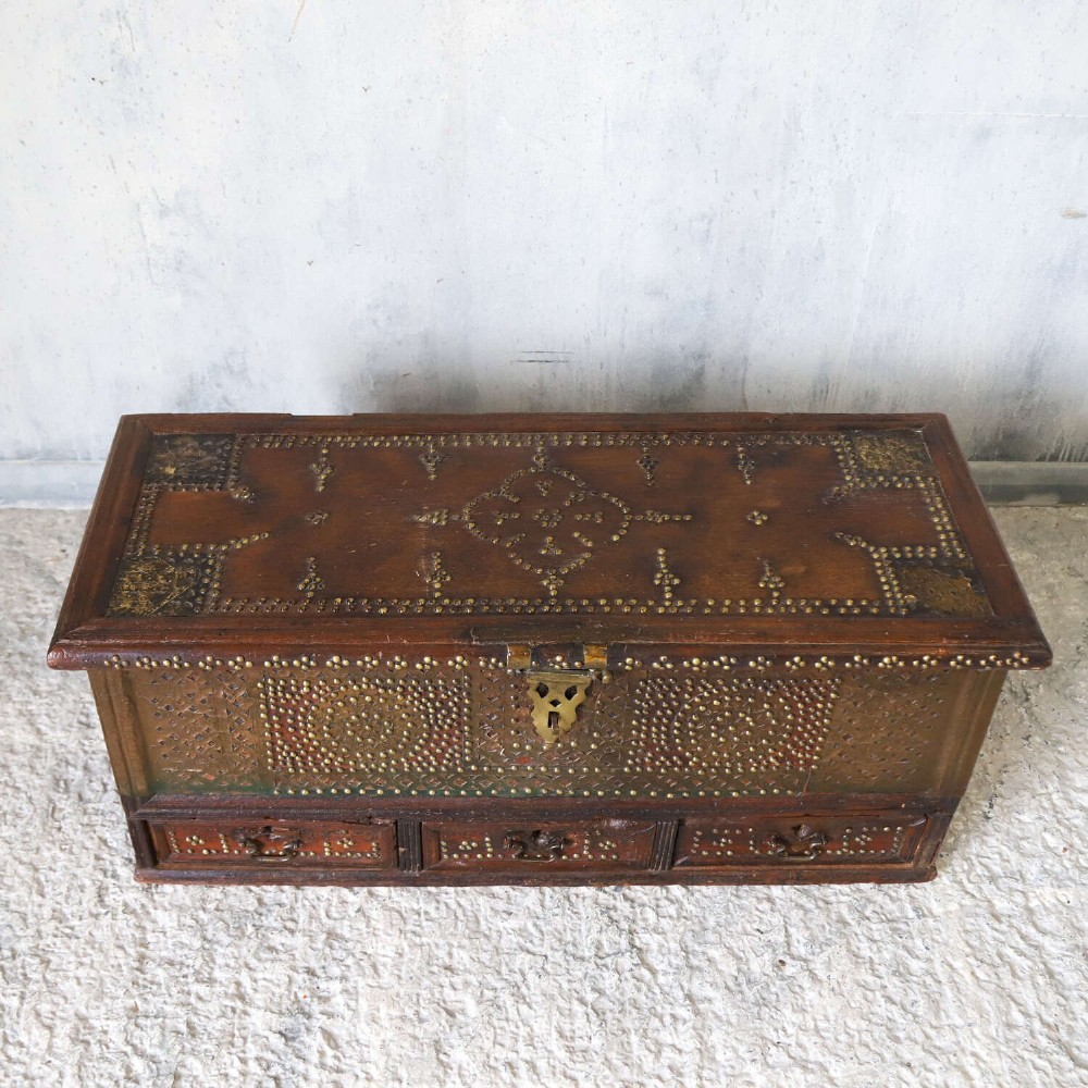 Antique Zanzibar Chest with Brass Studwork, Drawers & Candle Box – 19th Century Teak View VIII