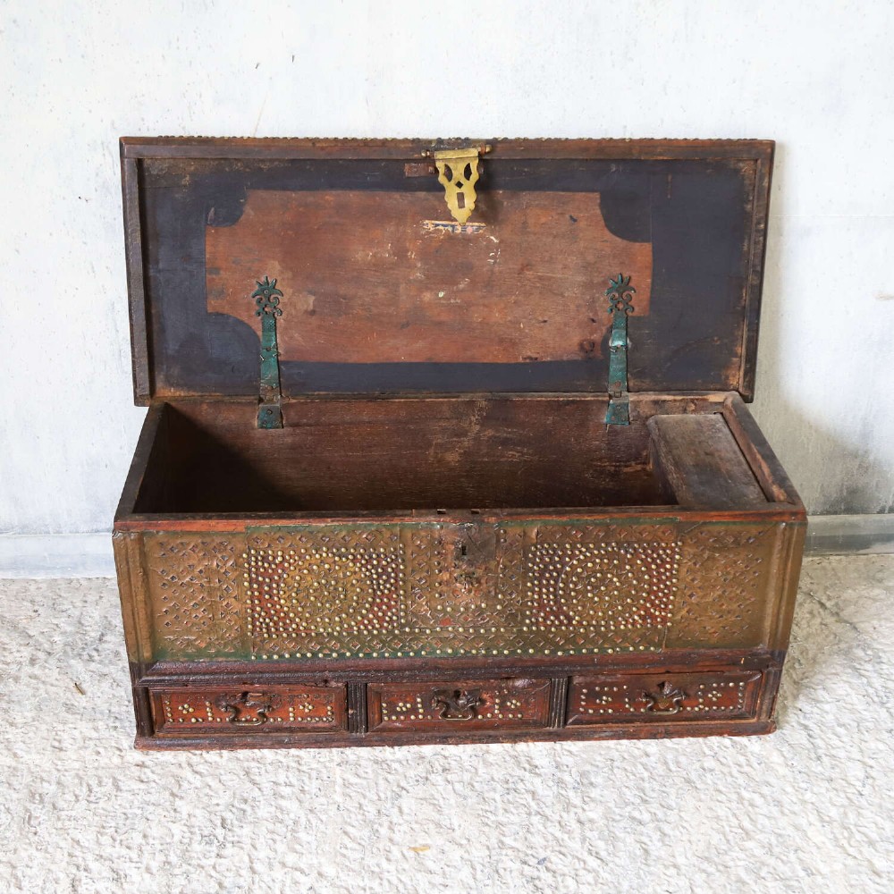 Antique Zanzibar Chest with Brass Studwork, Drawers & Candle Box – 19th Century Teak View IX