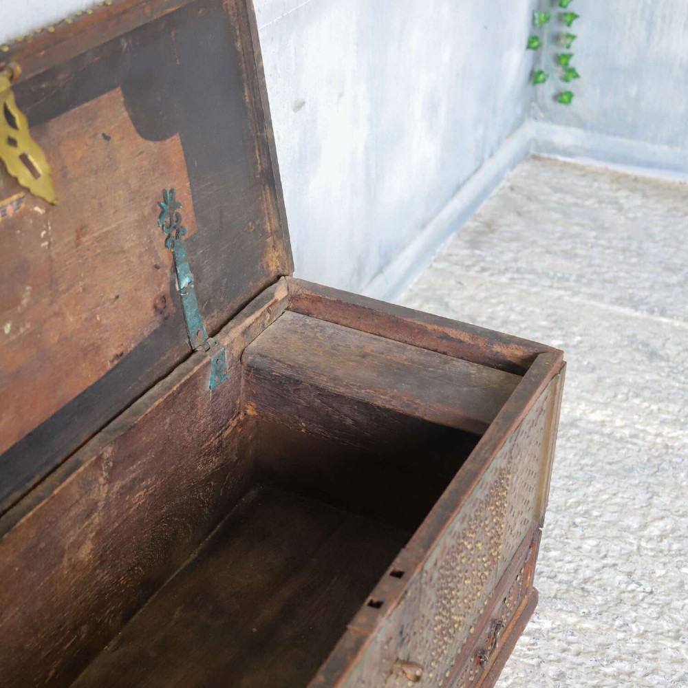 Antique Zanzibar Chest with Brass Studwork, Drawers & Candle Box – 19th Century Teak View X