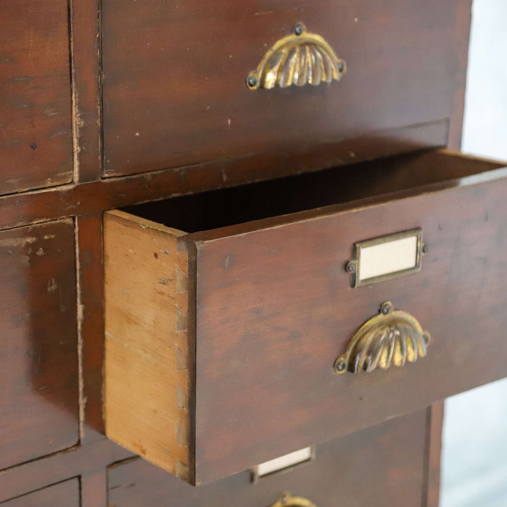 An antique Edwardian dark mahogany bank of twelve drawers featuring brass shell cup handles and label holders. View V