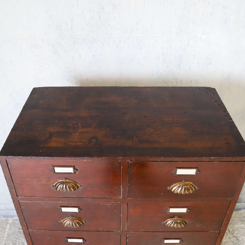 An antique Edwardian dark mahogany bank of twelve drawers featuring brass shell cup handles and label holders. View VI