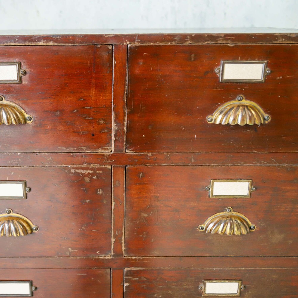 An antique Edwardian dark mahogany bank of twelve drawers featuring brass shell cup handles and label holders. View VII