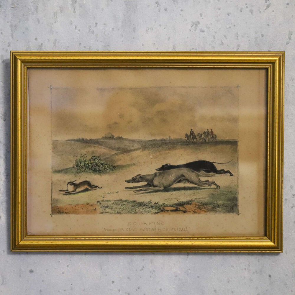 An 1830s framed lithograph depicting two greyhounds pursuing a hare across a field within a moulded gold frame. View II