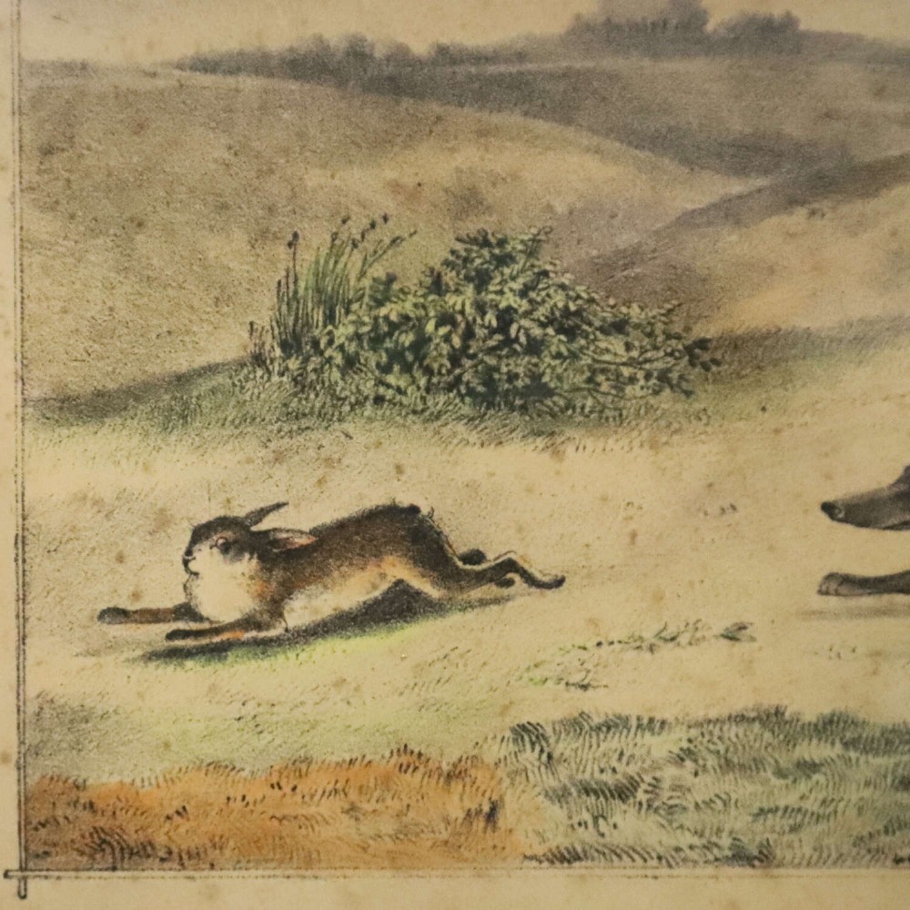 An 1830s framed lithograph depicting two greyhounds pursuing a hare across a field within a moulded gold frame. View IV