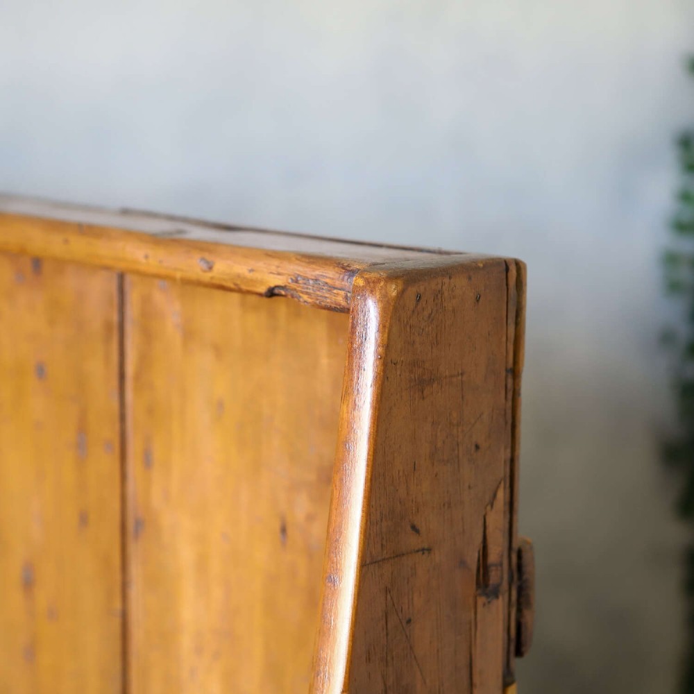A 19th-century English country pine high-back settle bench with vertical timber panels and a warm honey brown finish. View IX
