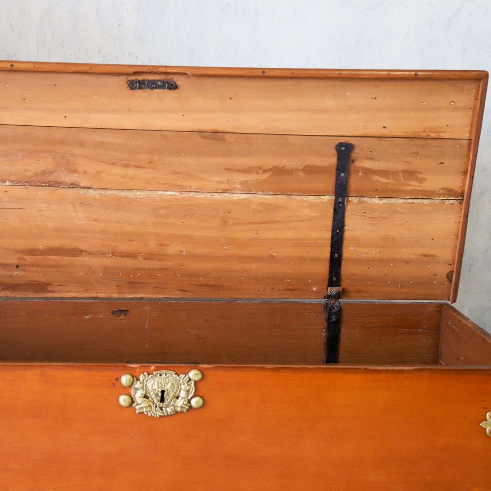 An 18th-century walnut colonial chest featuring decorative brass corner brackets, a central brass escutcheon, and dark turned feet. View XII