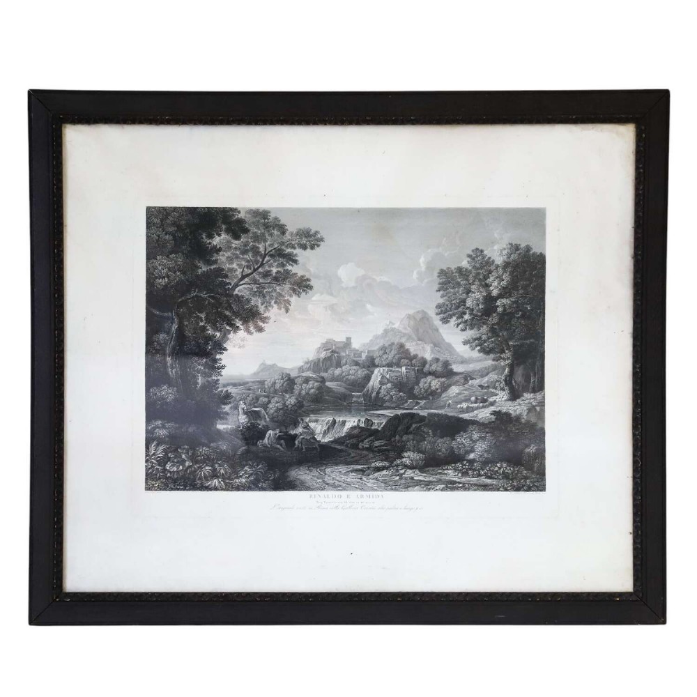 An 18th-century monochrome landscape engraving entitled Rinaldo e Armida, displayed within a wide mount and dark wooden frame.