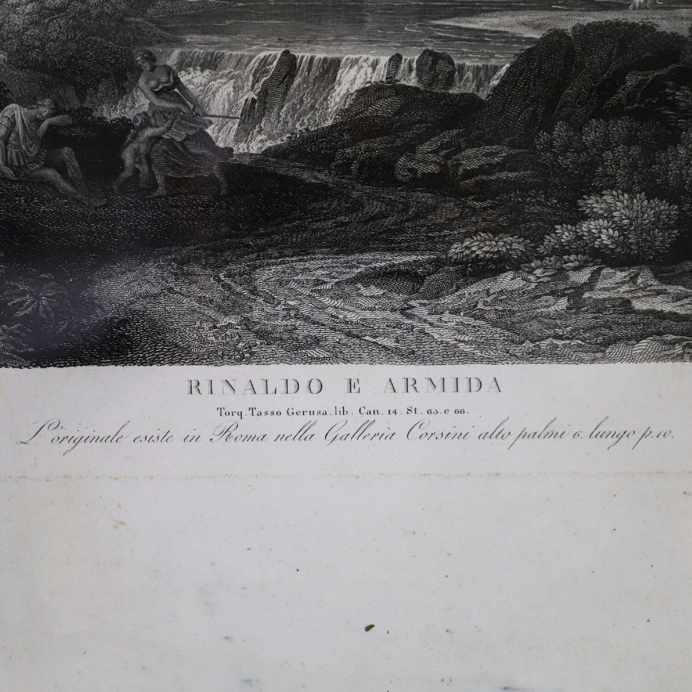 An 18th-century monochrome landscape engraving entitled Rinaldo e Armida, displayed within a wide mount and dark wooden frame. View IV
