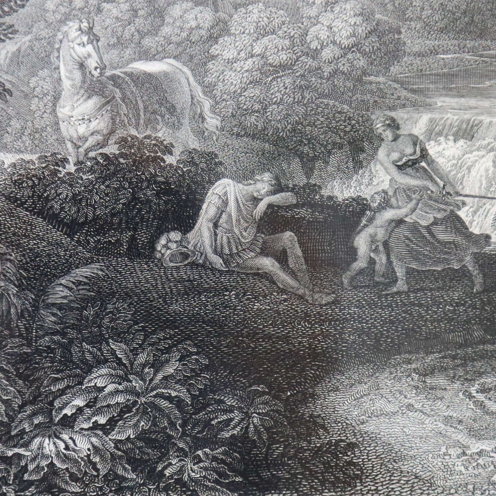 An 18th-century monochrome landscape engraving entitled Rinaldo e Armida, displayed within a wide mount and dark wooden frame. View V