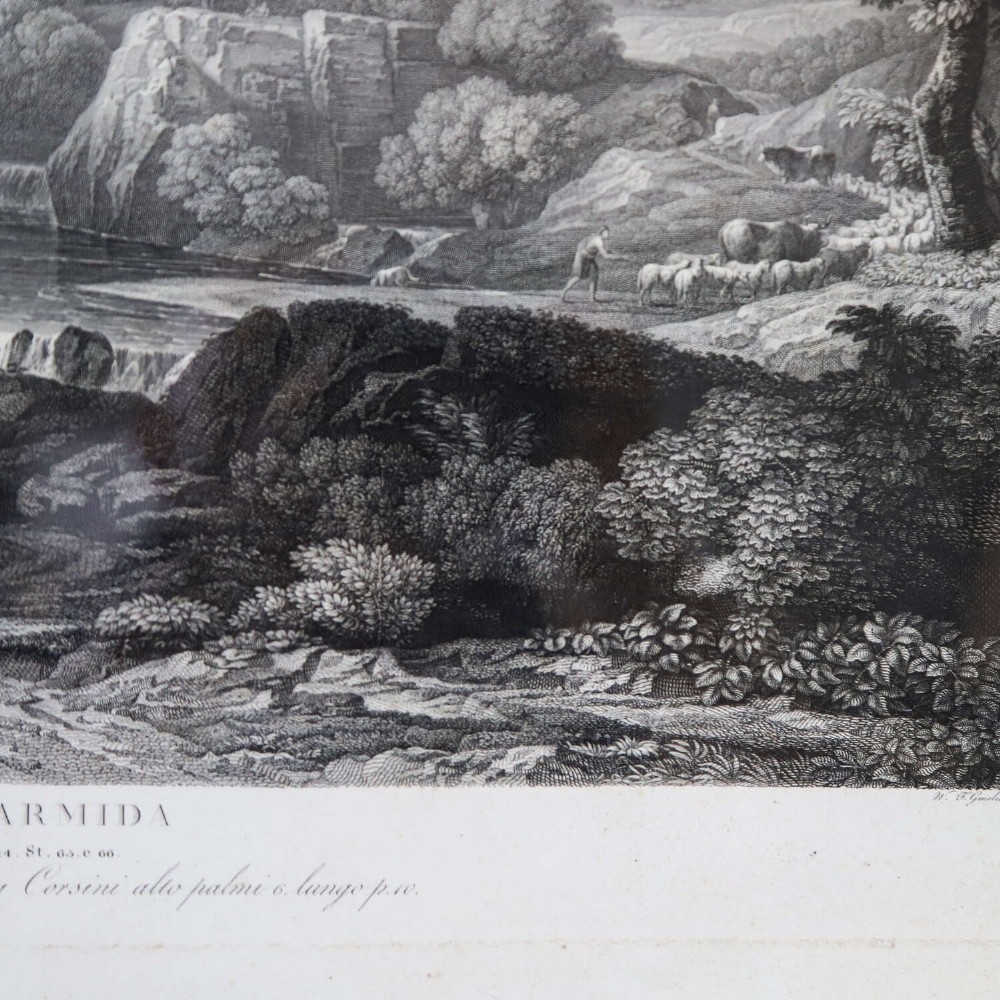 An 18th-century monochrome landscape engraving entitled Rinaldo e Armida, displayed within a wide mount and dark wooden frame. View VI
