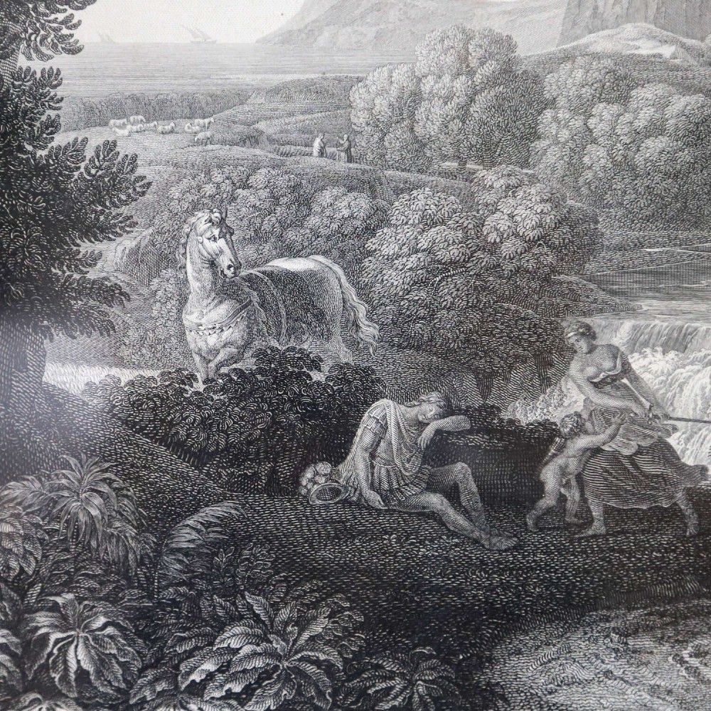 An 18th-century monochrome landscape engraving entitled Rinaldo e Armida, displayed within a wide mount and dark wooden frame. View VII