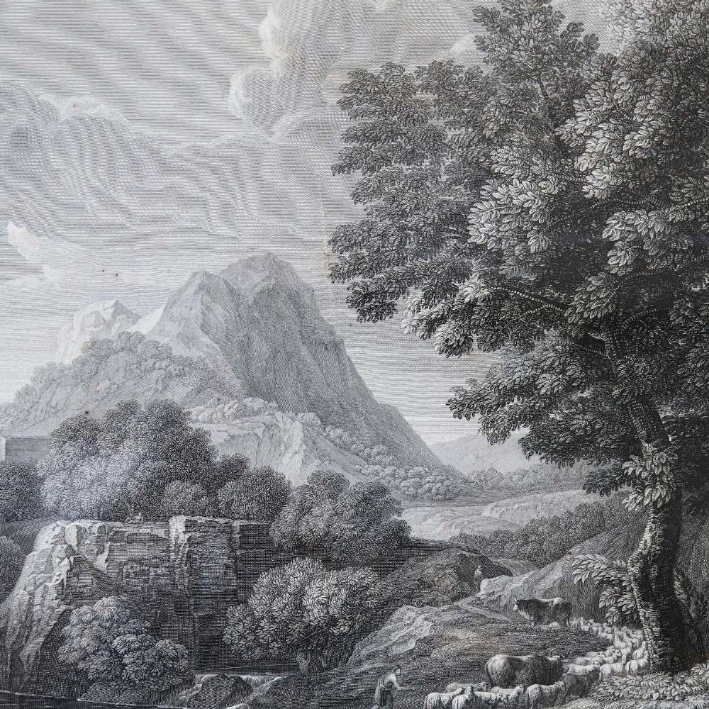 An 18th-century monochrome landscape engraving entitled Rinaldo e Armida, displayed within a wide mount and dark wooden frame. View VIII