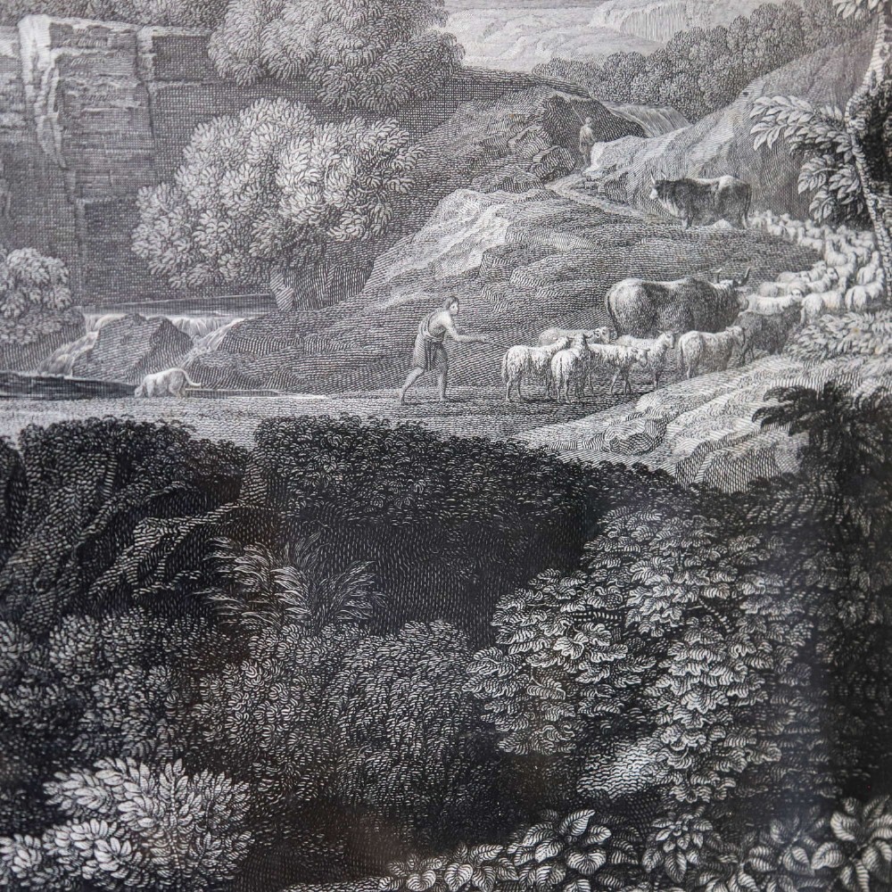 An 18th-century monochrome landscape engraving entitled Rinaldo e Armida, displayed within a wide mount and dark wooden frame. View IX