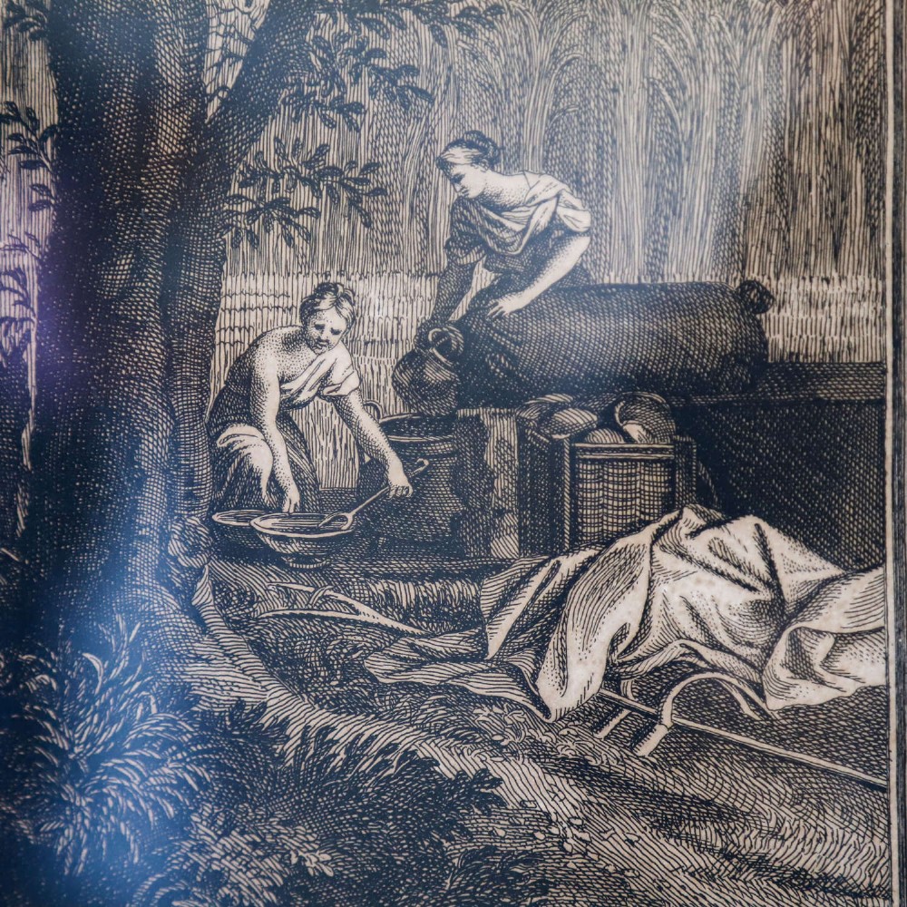 A framed monochrome engraving depicting a classical harvest landscape scene with figures working in a field beneath trees, enclosed in a dark wood frame. View VIII