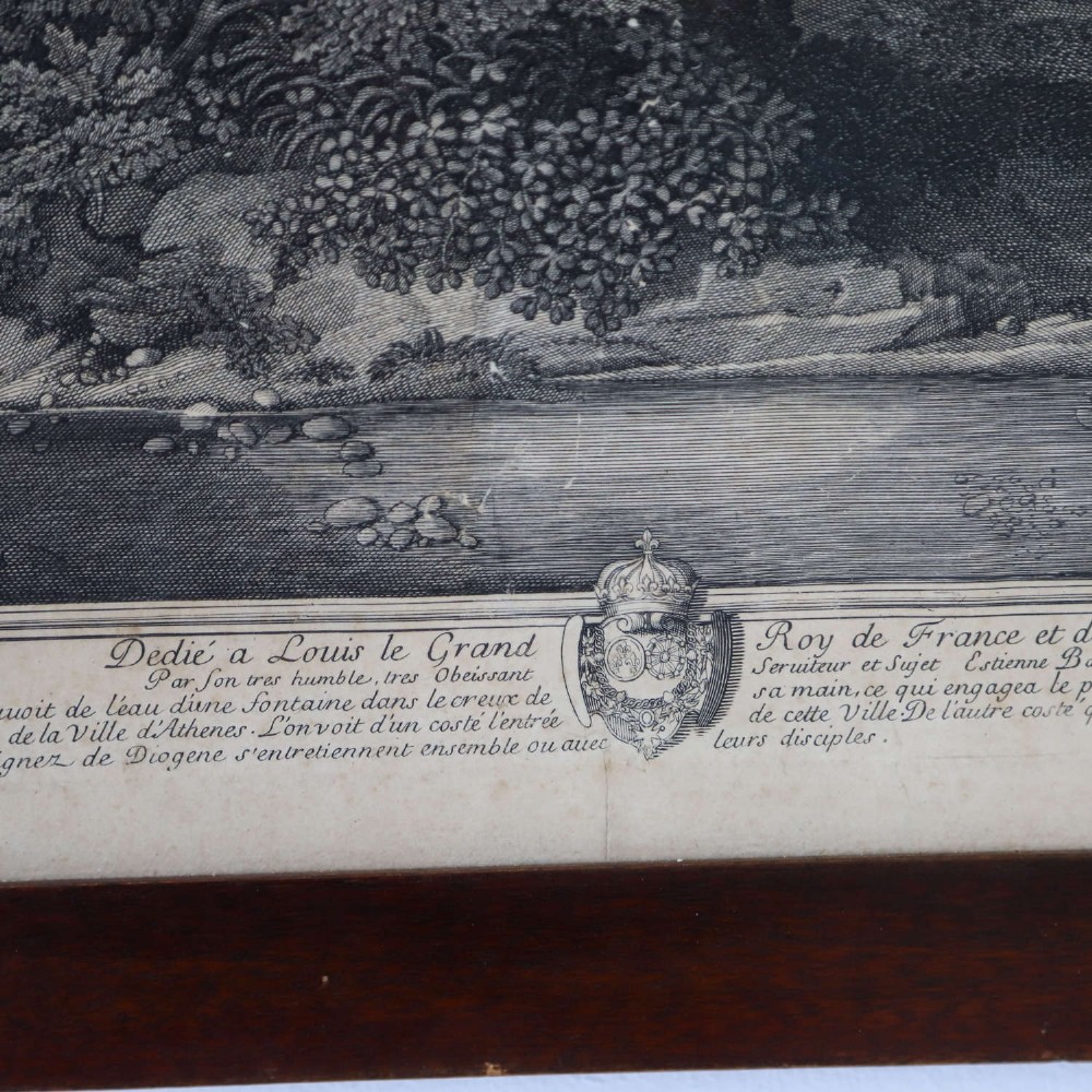 An 18th-century monochrome French engraving depicting a classical landscape with figures beside a body of water, housed in a plain dark wood frame. View III