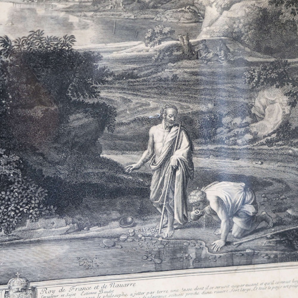An 18th-century monochrome French engraving depicting a classical landscape with figures beside a body of water, housed in a plain dark wood frame. View IV