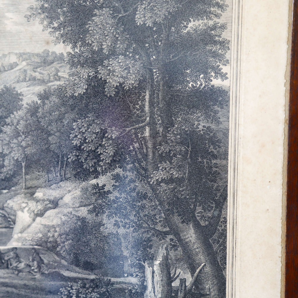 An 18th-century monochrome French engraving depicting a classical landscape with figures beside a body of water, housed in a plain dark wood frame. View VII